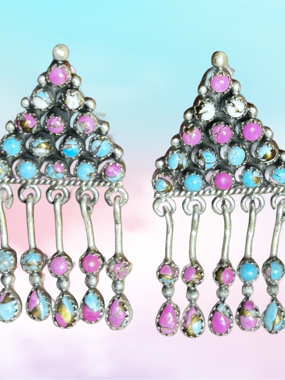 Native American Handmade ~ Cotton Candy (Pink) ~ .925 Sterling Dangle Earrings